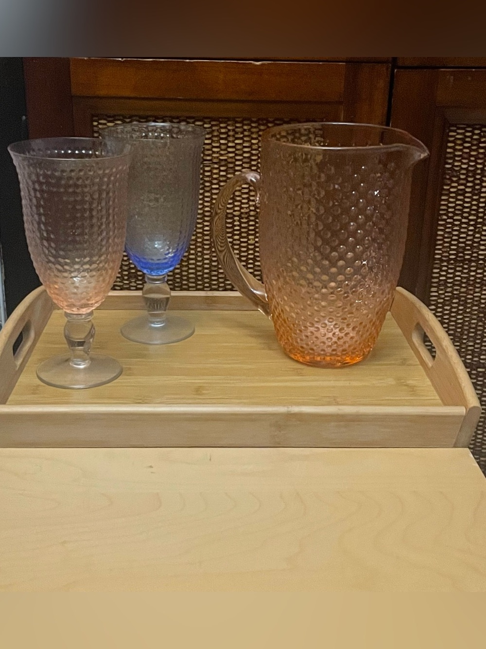 Martha Stewart Chauncey 5pc Hobnail Glass Pitcher & Goblet Set Pink Blue
